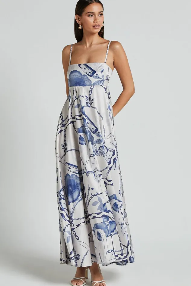 Yasmine Midi Dress 8211 Straight Neck Sleeveless A Line Dress In Blue And White Porcelain Print Women Showpo Dresses