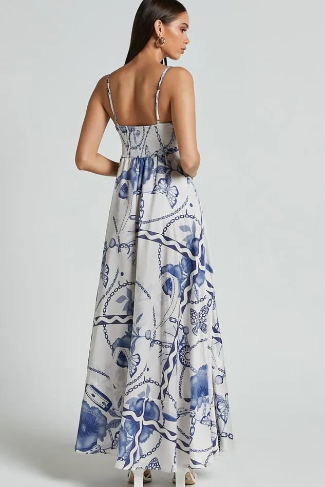 Yasmine Midi Dress 8211 Straight Neck Sleeveless A Line Dress In Blue And White Porcelain Print Women Showpo Dresses