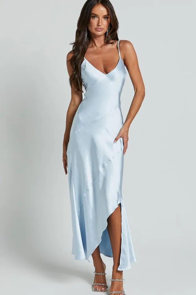 Ylona Maxi Dress 8211 Asymmetric Draped Bias Cut Satin Slip Dress In Ice Blue Women Showpo Curve Clothes