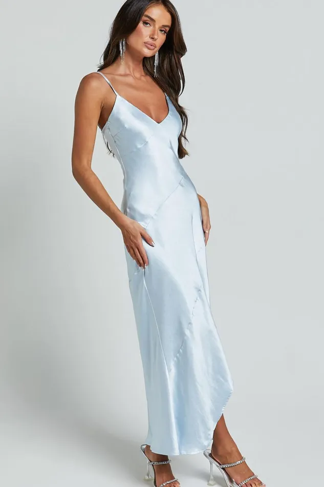 Ylona Maxi Dress 8211 Asymmetric Draped Bias Cut Satin Slip Dress In Ice Blue Women Showpo Curve Clothes
