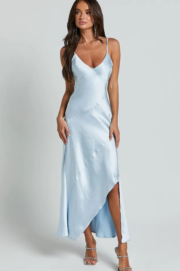 Ylona Maxi Dress 8211 Asymmetric Draped Bias Cut Satin Slip Dress In Ice Blue Women Showpo Curve Clothes