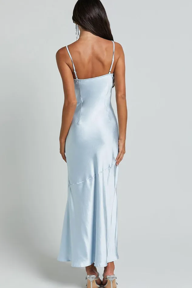 Ylona Maxi Dress 8211 Asymmetric Draped Bias Cut Satin Slip Dress In Ice Blue Women Showpo Curve Clothes