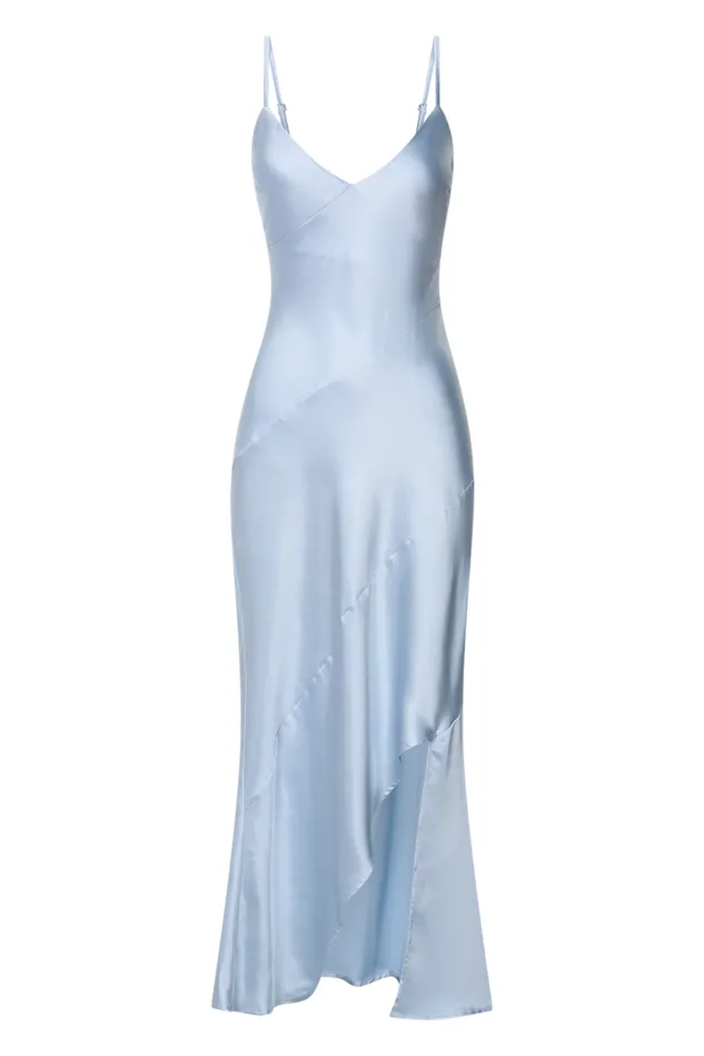 Ylona Maxi Dress 8211 Asymmetric Draped Bias Cut Satin Slip Dress In Ice Blue Women Showpo Curve Clothes