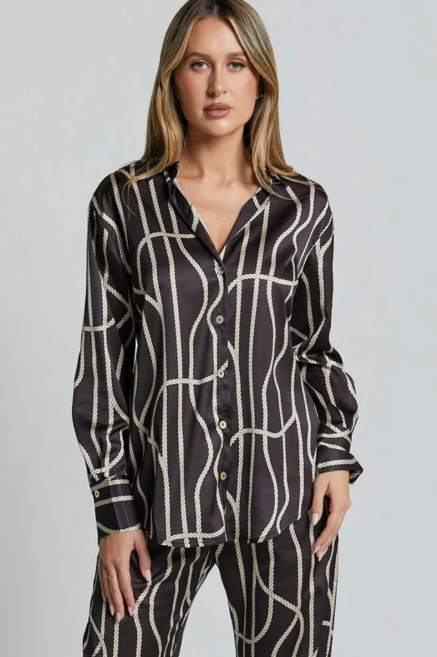 Yolanda Top 8211 Long Sleeve Button Through Relaxed Shirt In BlackGold Chain Print Women Showpo Tops Yolanda Top 8211 Long Sleeve Button Through Relaxed Shirt In BlackGold Chain Print Women Showpo Tops