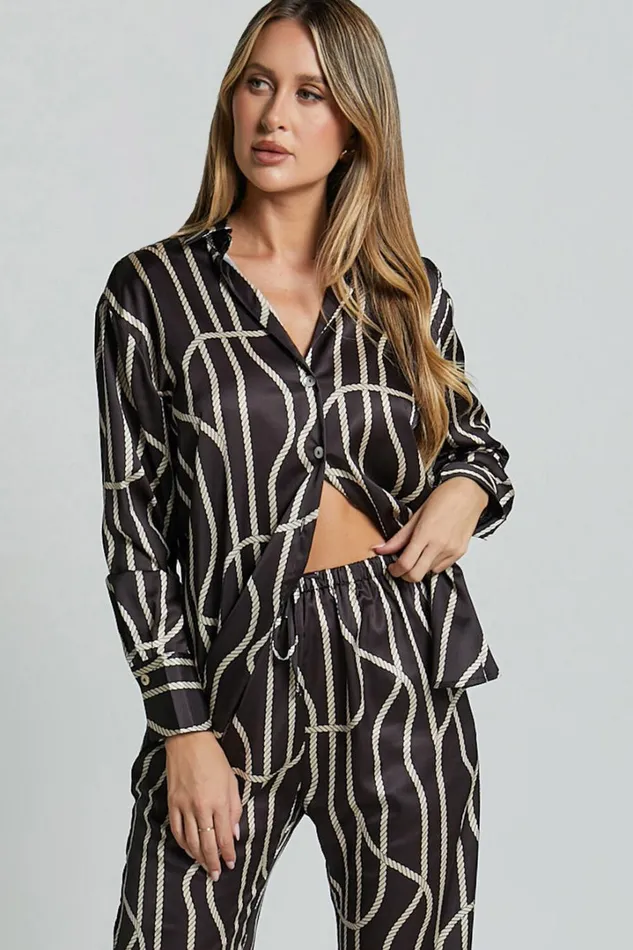 Yolanda Top 8211 Long Sleeve Button Through Relaxed Shirt In BlackGold Chain Print Women Showpo Tops