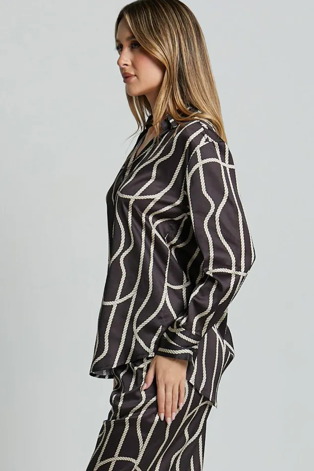 Yolanda Top 8211 Long Sleeve Button Through Relaxed Shirt In BlackGold Chain Print Women Showpo Tops