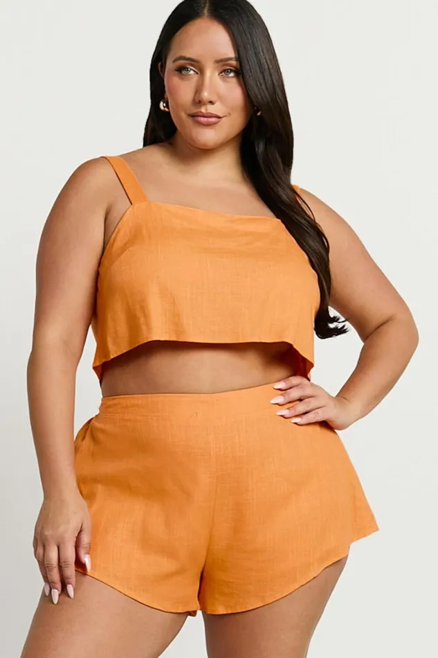 Zanrie Two Piece Set 8211 Linen Look Square Neck Crop Top And High Waist Mini Flare Shorts Set In Orange Women Showpo Curve Clothes