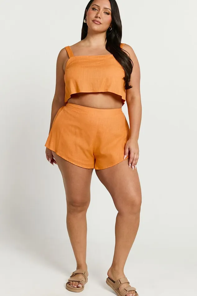 Zanrie Two Piece Set 8211 Linen Look Square Neck Crop Top And High Waist Mini Flare Shorts Set In Orange Women Showpo Curve Clothes
