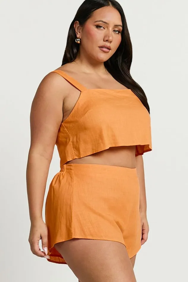 Zanrie Two Piece Set 8211 Linen Look Square Neck Crop Top And High Waist Mini Flare Shorts Set In Orange Women Showpo Curve Clothes