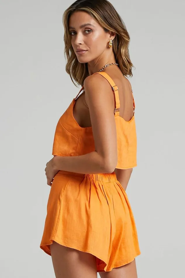 Zanrie Two Piece Set 8211 Linen Look Square Neck Crop Top And High Waist Mini Flare Shorts Set In Orange Women Showpo Curve Clothes