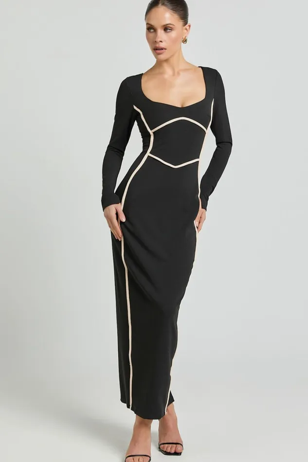 Zareena Midi Dress 8211 Straight Neck Long Sleeve Slip Dress In Black Women Showpo Dresses