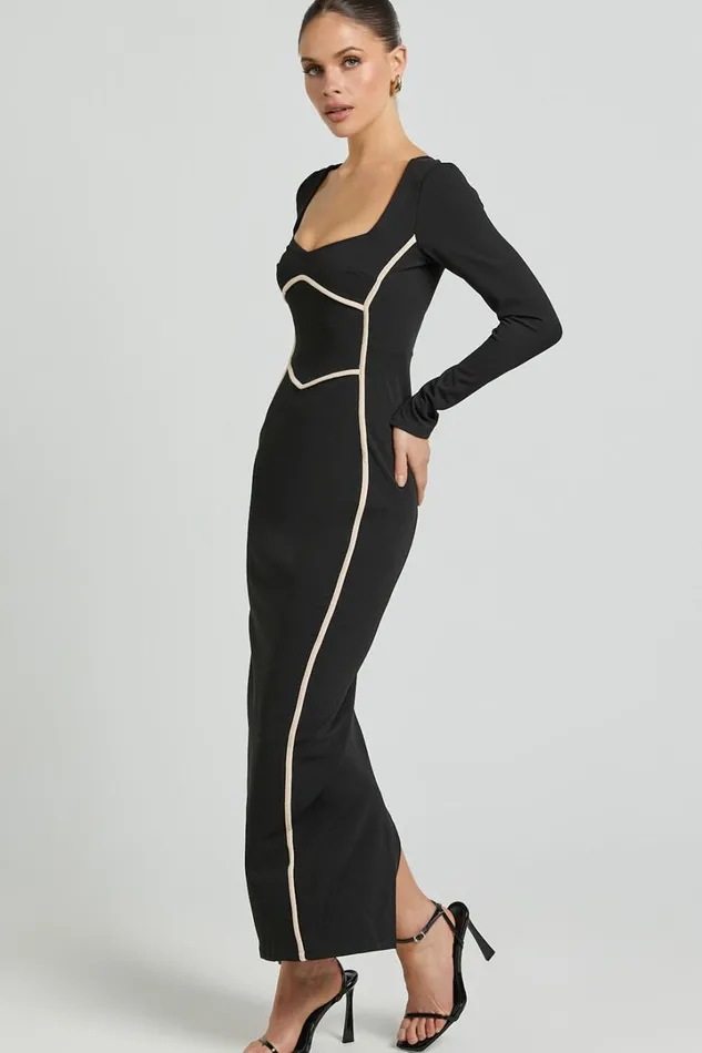 Zareena Midi Dress 8211 Straight Neck Long Sleeve Slip Dress In Black Women Showpo Dresses