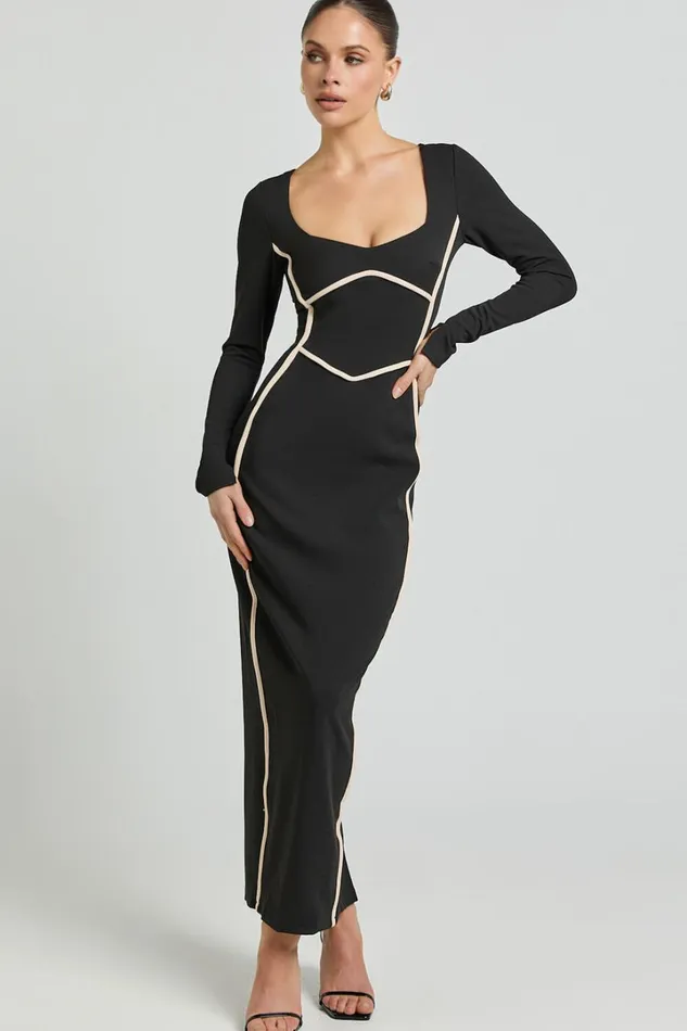 Zareena Midi Dress 8211 Straight Neck Long Sleeve Slip Dress In Black Women Showpo Dresses