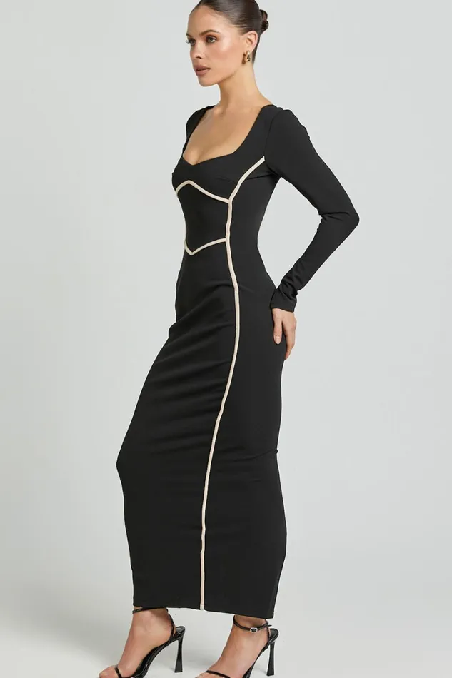 Zareena Midi Dress 8211 Straight Neck Long Sleeve Slip Dress In Black Women Showpo Dresses