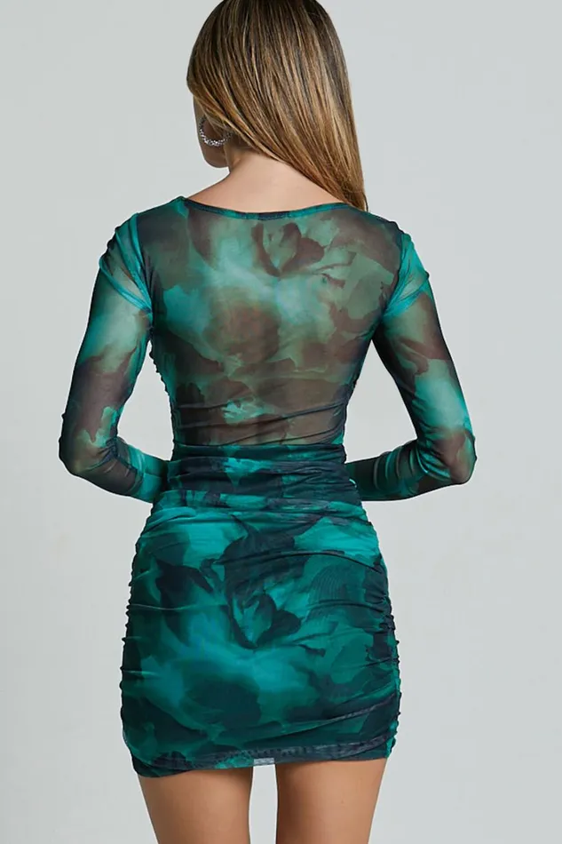 Zita Mini Dress 8211 High Neck Long Sleeve Bodycon Mesh Dress In Green Floral Print Women Showpo Curve Clothes