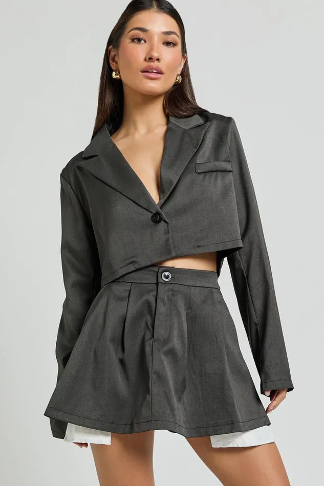 Zora Two Piece Set 8211 Cropped Blazer And Pleated Mini Skirt Set In Charcoal Women Showpo Blazers
